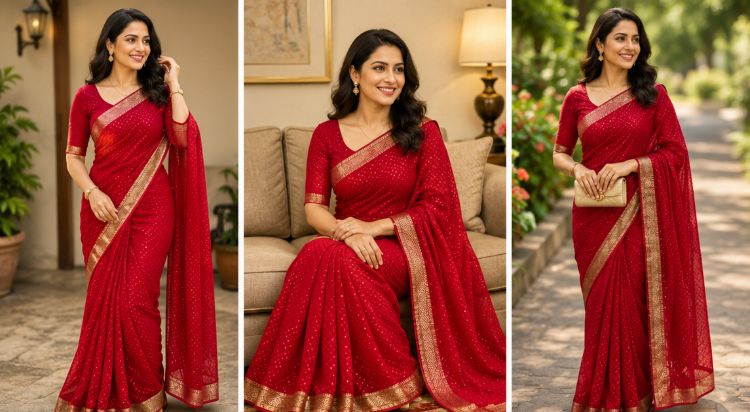 Elegant Red Textured Saree with Matching Blouse