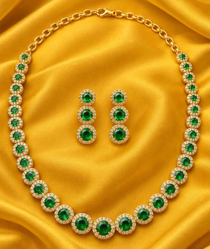 Gold-Tone Emerald Green Stone Necklace Set