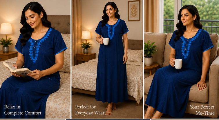 Alpine Floral Comfort Pocket Slim Cut Nighty - Navy Blue with Bright Blue Floral Embroidery