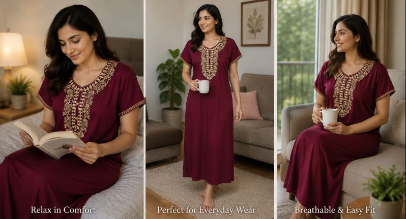 Maroon with Golden Embroidery - Alpine Slim Cut Nighty