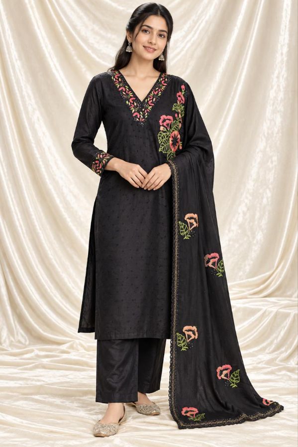 Black Multicolour Floral Embroidered 3PC Churidar Set