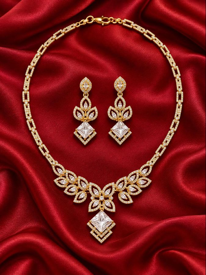 Gold-Tone Crystal Leaf Necklace Set