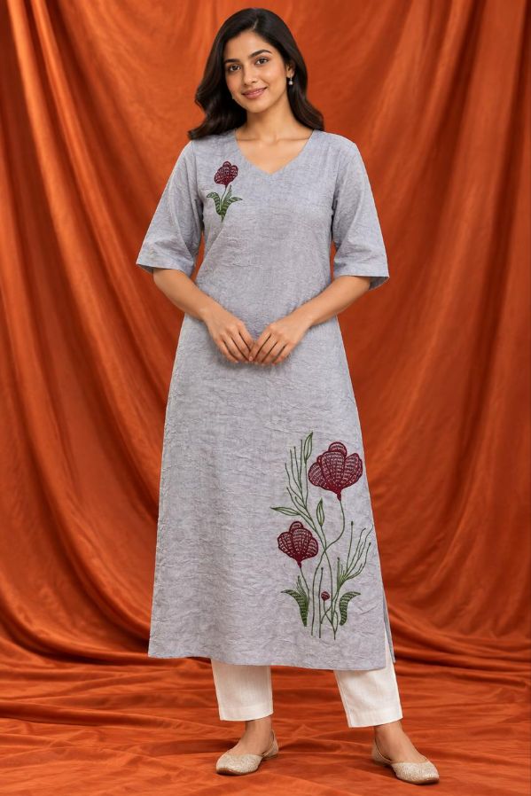 Light Grey Floral Embroidered Single PC Kurti