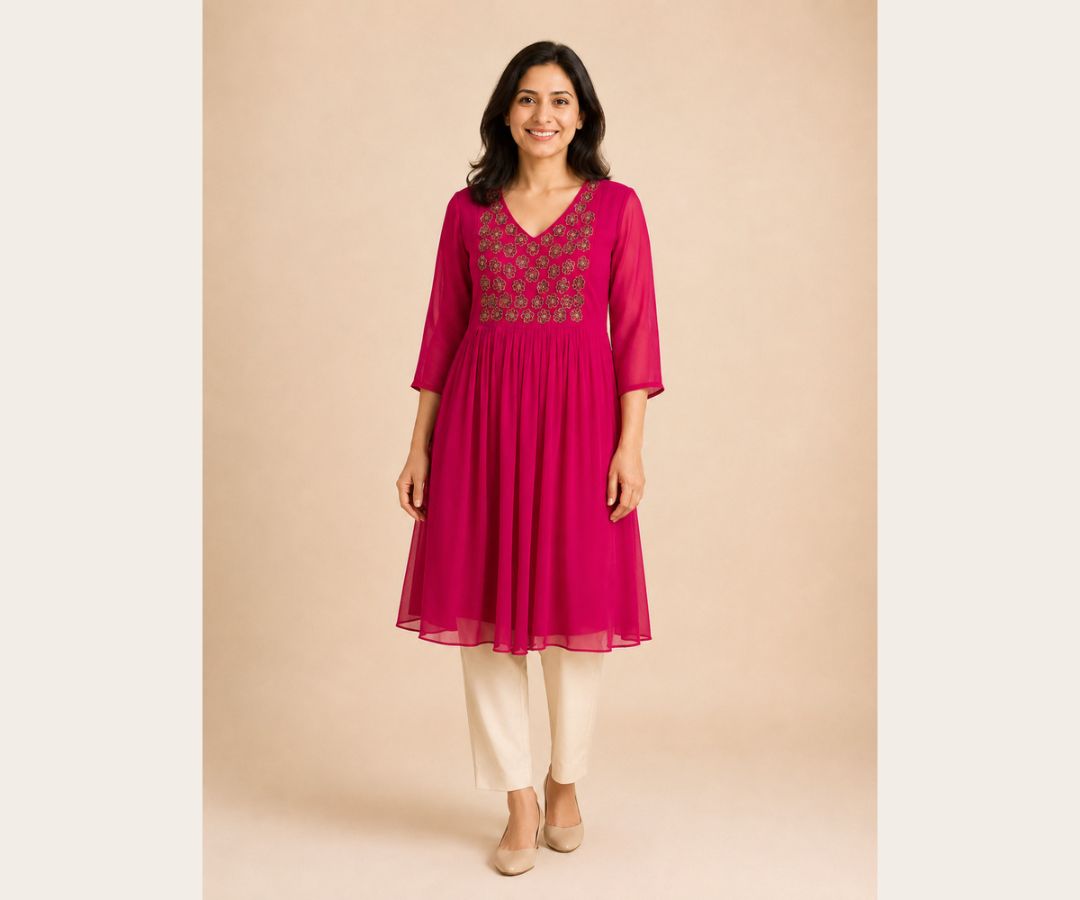Fuchsia Pink Floral Embellished Flared Kurti