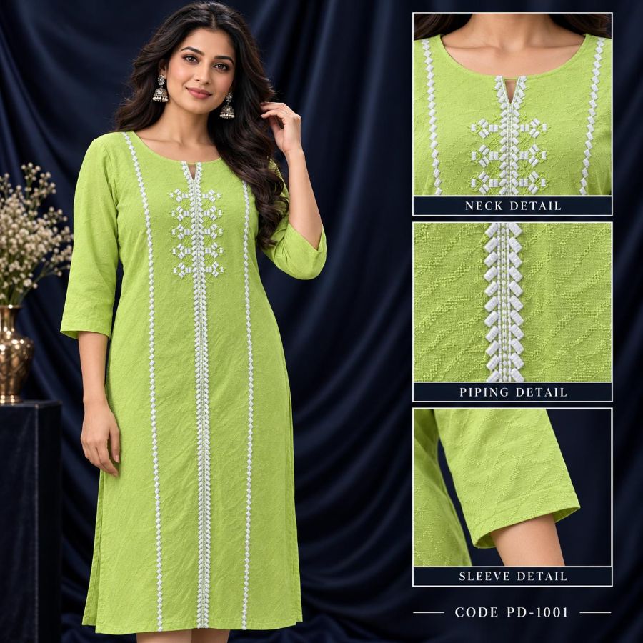 Lime Green Embroidered Single Kurta
