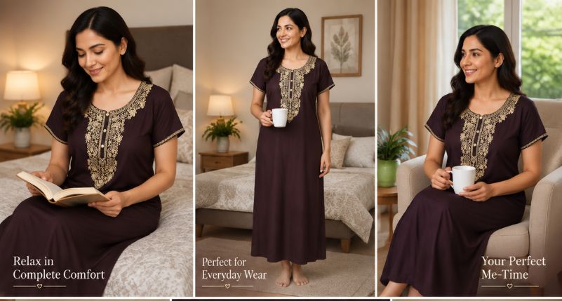 Cocoa Elegance Alpine Slim Cut Nighty - Deep Brown with Gold Embroidery