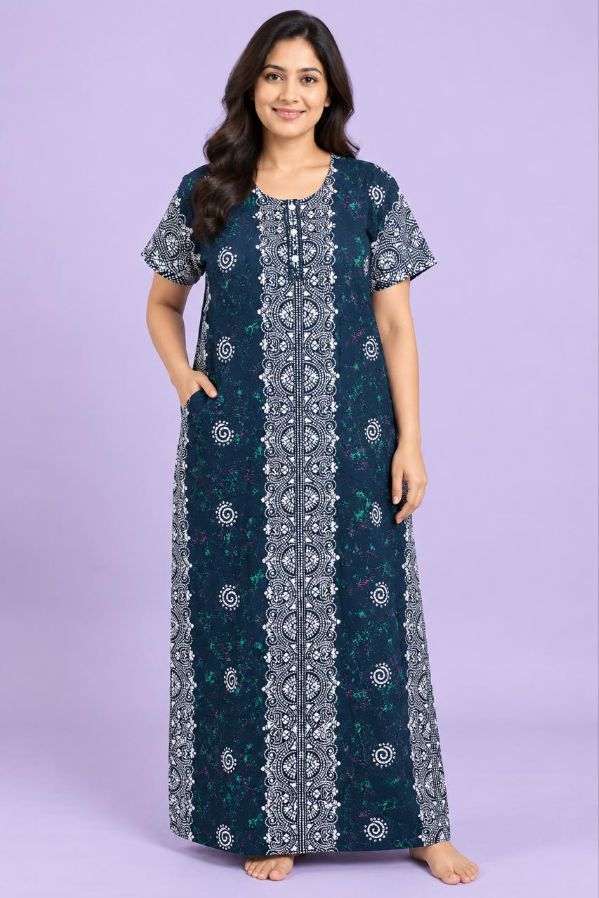 Navy Blue Printed Cotton Nighty