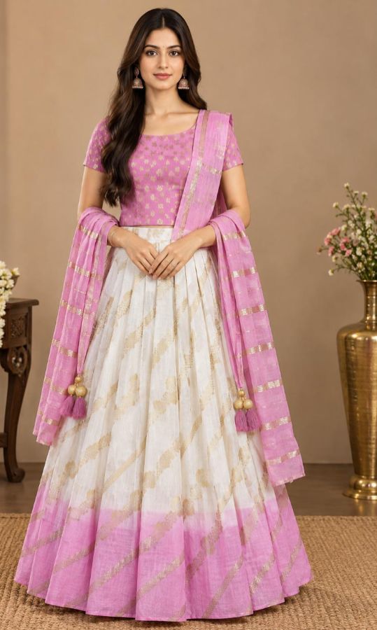 Girls Soft Silk Lacha with Unstitched Blouse & Dhavani
