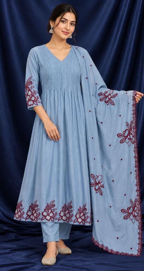 Dusty Blue Mulchanderi Embroidered 3-Piece Set