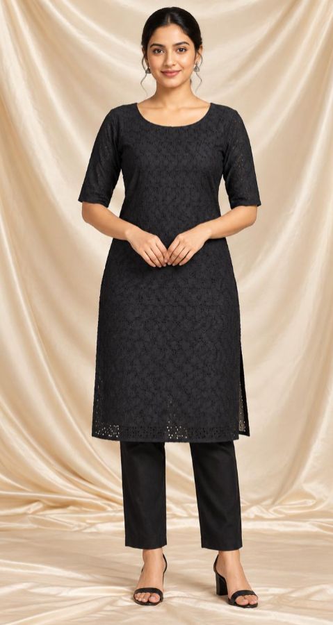 Classic Black Self-Embroidered Single PC Kurti