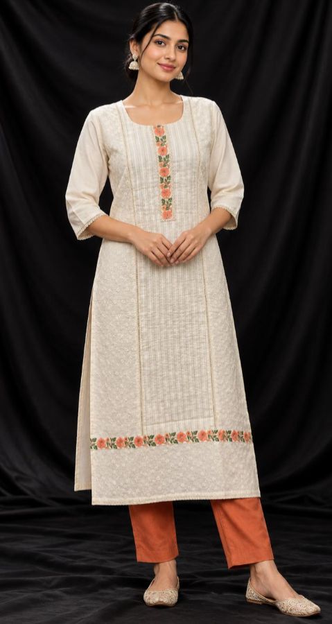 Ivory Floral Embroidered Kurti