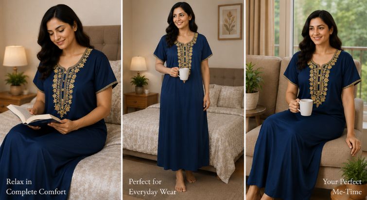 Alpine Elegance Slim Cut Nighty – Dark Blue with Gold Embroidery [PD-