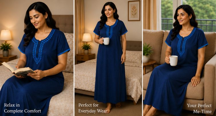 Alpine Comfort Pocket Slim Cut Nighty – Navy Blue with Bright Blue Embroidery