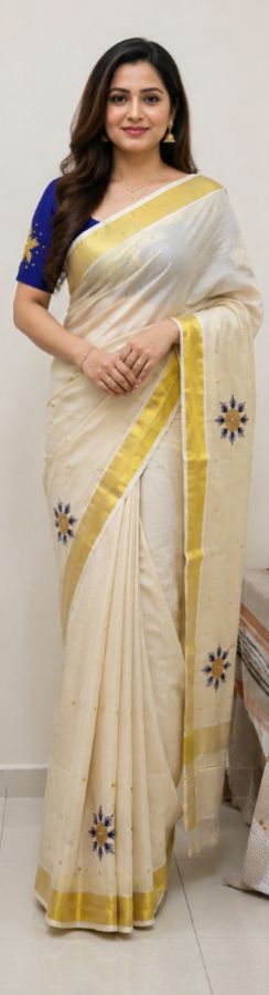 Royal Blue Floral Kerala Kasavu Saree with Blouse