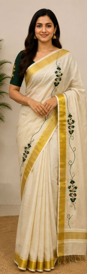 Emerald Vine Kerala Kasavu Saree with Blouse -