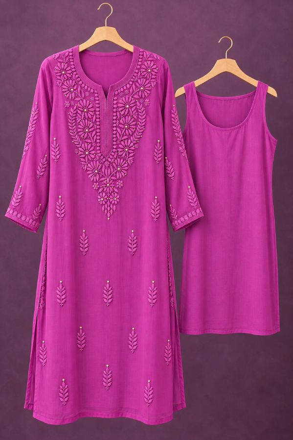 RANI PINK VISCOSE CHIKANKARI WITH MUKAISH WORK