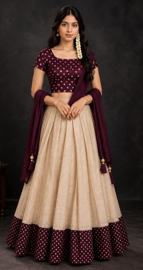 PURPLE-GIRLS LACHA - SOFT SILK - WITH UNSTITCHED BLOUSE & DHAVANI