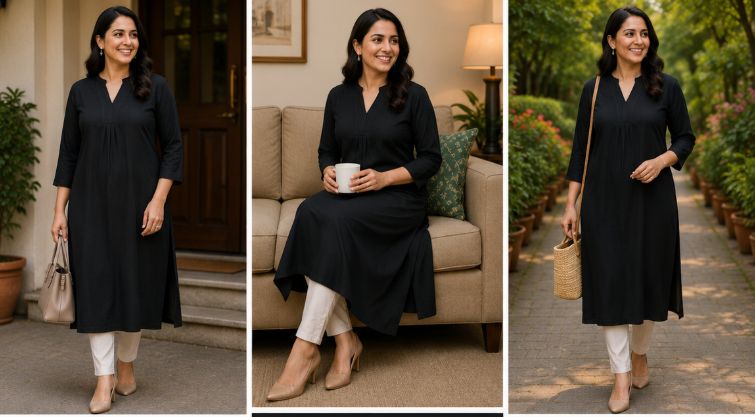 Classic Black Plain Pleated Single PC Kurti