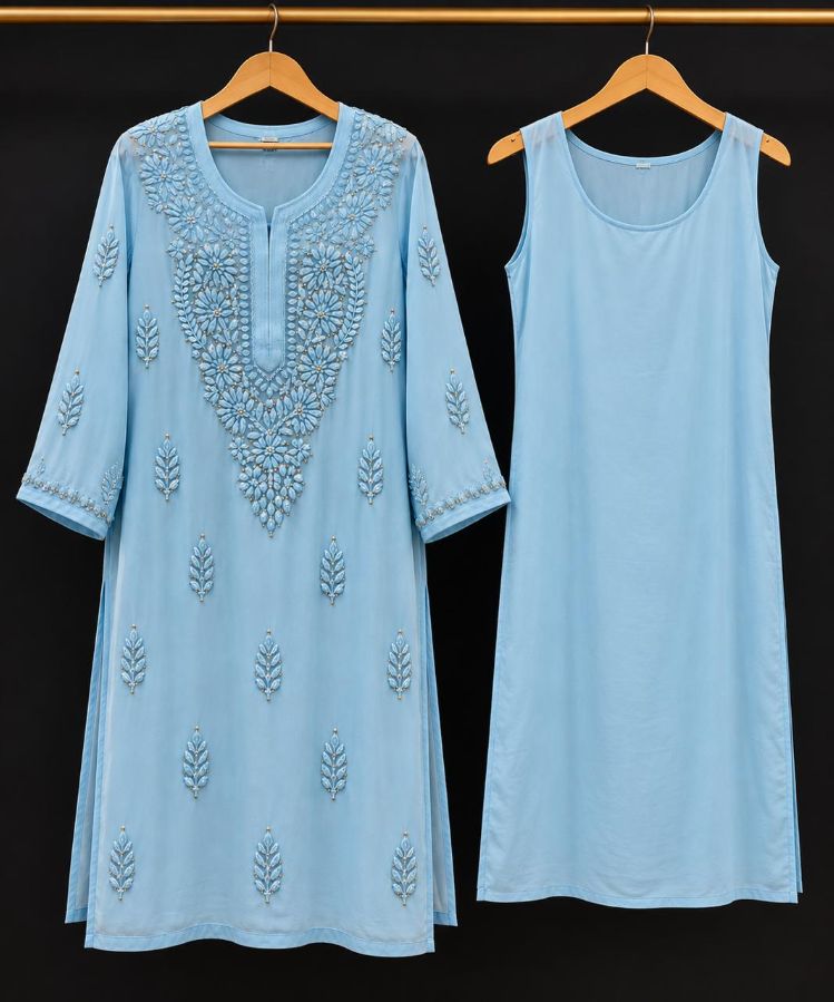 POWDER BLUE VISCOSE CHIKANKARI (PD-0010)