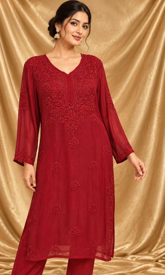 Dark Red Lucknow Viscose Chikankari Kurti with Mukesh Work