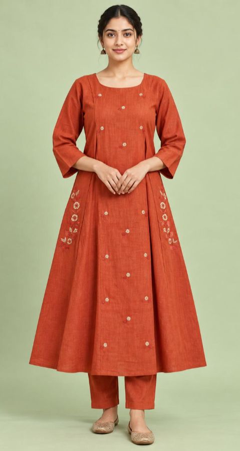 Brick Orange Embroidered Side-Cut Kurti
