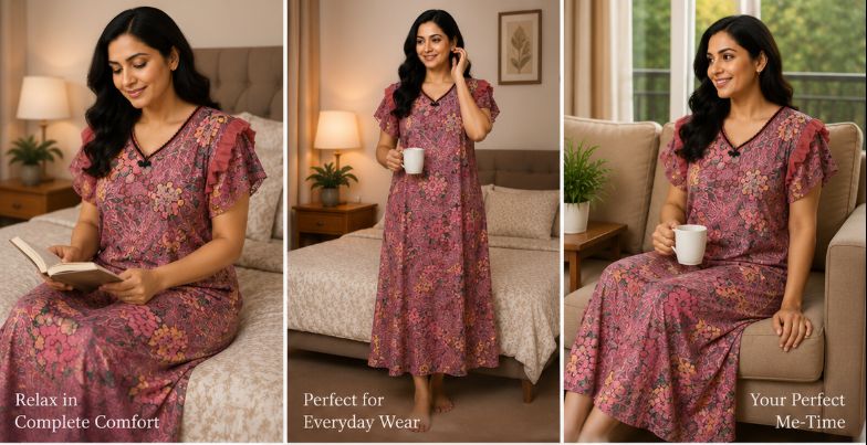 Floral A-Line Ruffle Sleeve Nighty – Mauve Pink
