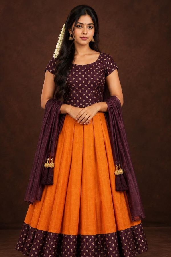 Girls Soft Silk Lacha Set with Unstitched Blouse & Dhavani