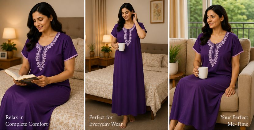 Alpine Slim Cut Embroidered Nighty – Plum