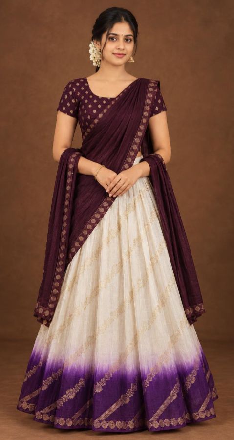 Girls Soft Silk Lacha with Unstitched Blouse & Dhavani