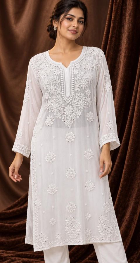 White Lucknow Viscose Chikankari Kurta with Mukesh work