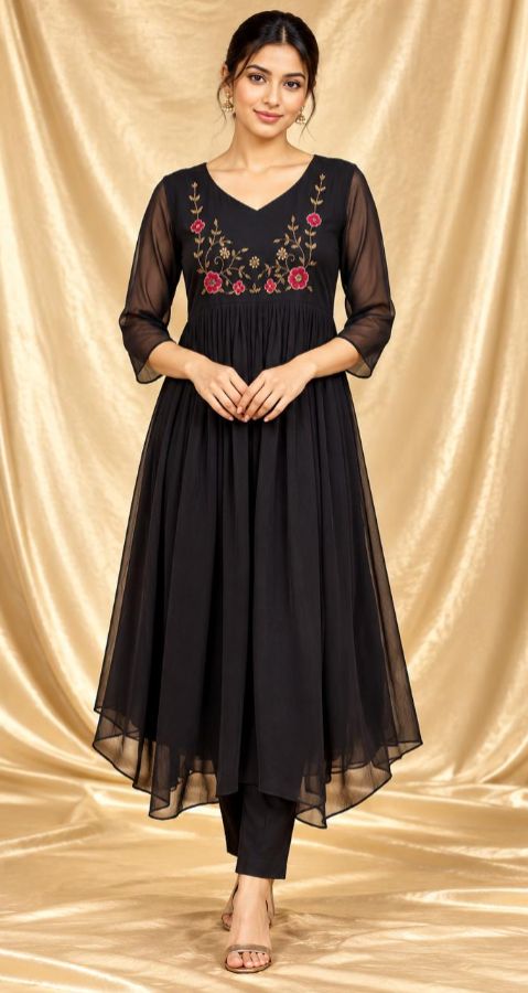 Black Floral Embroidered Flared Kurti
