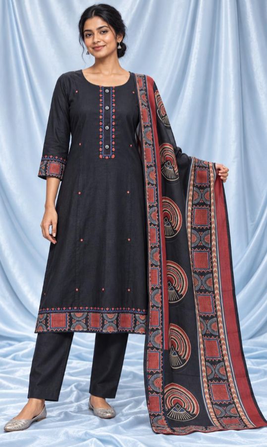 Black Printed Panel Churidar – Umbrella Cut