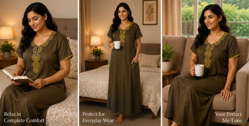 Alpine Slim Cut Embroidered Nighty – Antique Gold