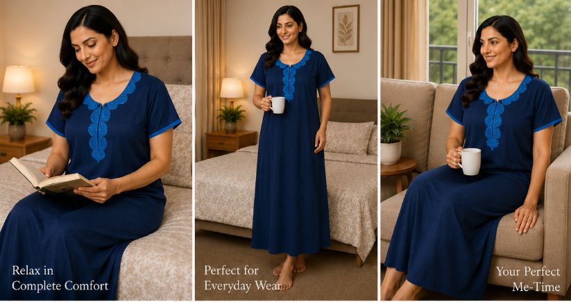 Alpine Midnight Blue Embroidered Pocket Slim-Cut Nighty -