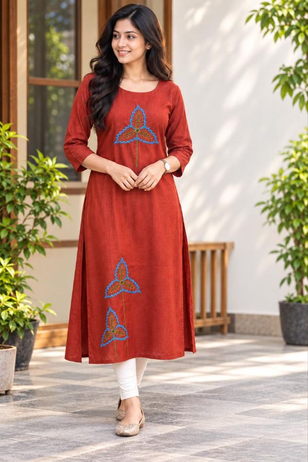 Brick Red Floral Motif Embroidered Single PC Kurti –