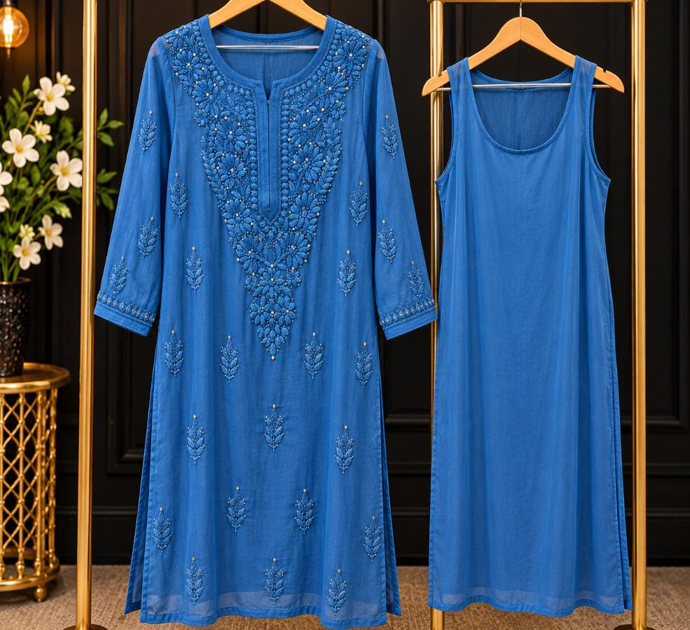 BLUE COLORED VISCOSE CHIKANKARI (PD-0018)