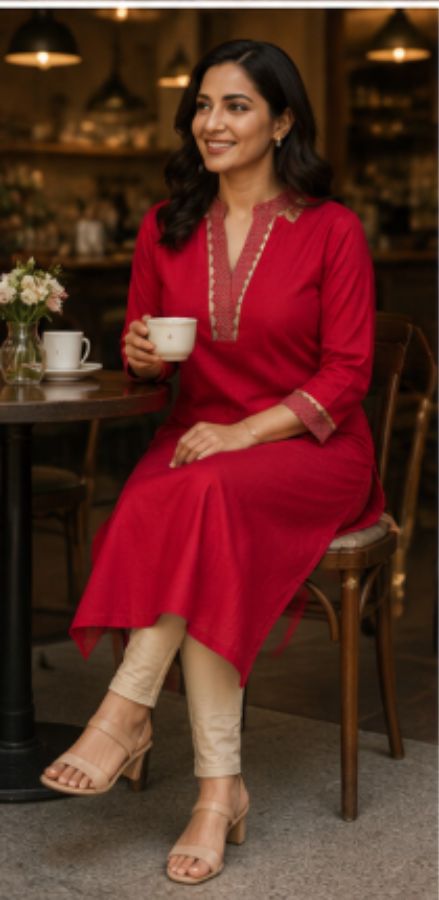 Elegant Red Embroidered Single Kurta
