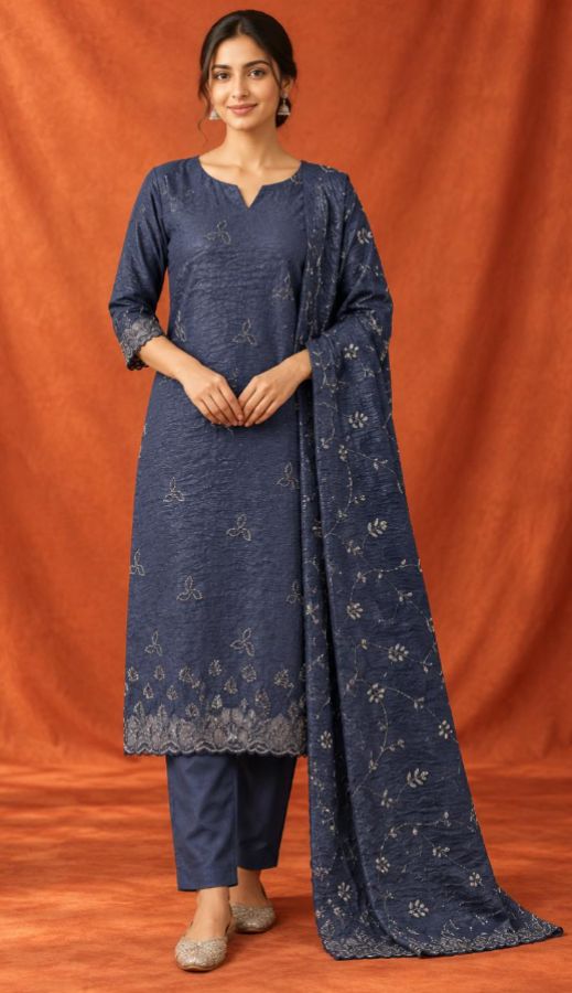 Elegant Navy Blue Embroidered 3-Piece Churidar Set