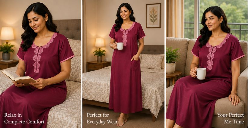 Alpine Maroon Embroidered Slim-Cut Nighty