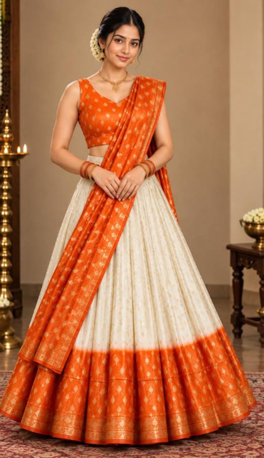 GIRLS DHAVANI - OFF WHITE WITH ORANGE