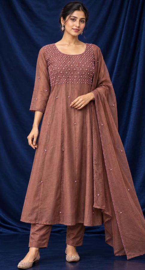 Brown Kurti with Laticework Embroidery