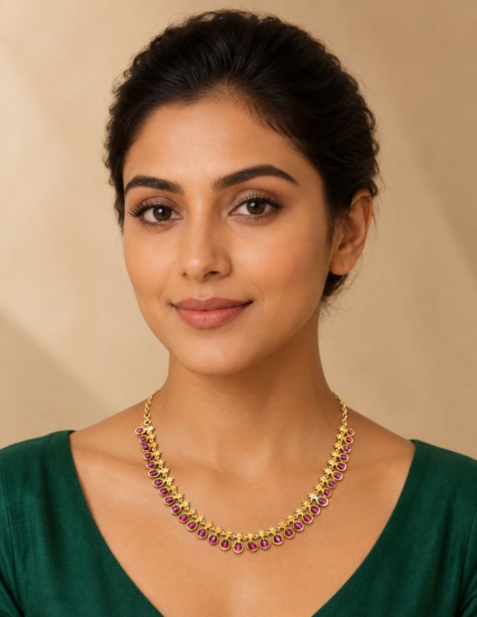 Gold-Tone Ruby Teardrop Stone Necklace
