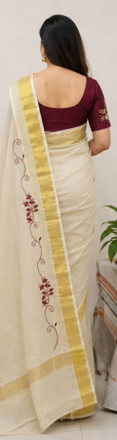Maroon Blossom Kerala Kasavu Saree with Blouse
