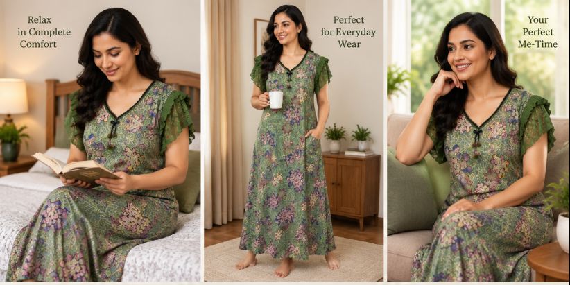 Floral A-Line Ruffle Sleeve Nighty – Light Olive Green
