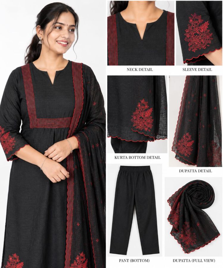 Elegant Black & Red Embroidered 3PC Churidar Set