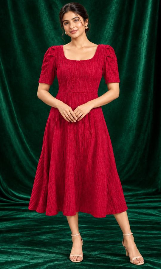 Red Textured Flared Frock