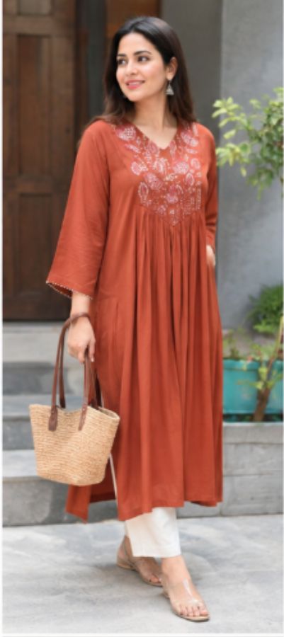 Embroidered Side Cut Kurti – Brick Orange