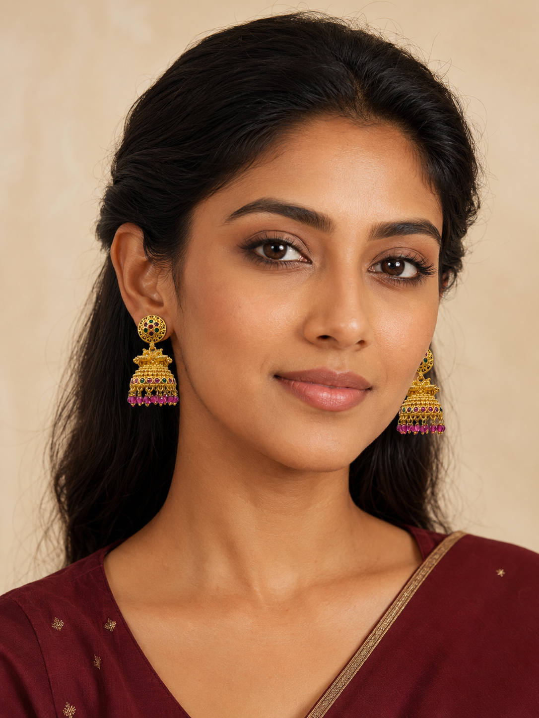 Gold and Pink Jhumka Earrings
