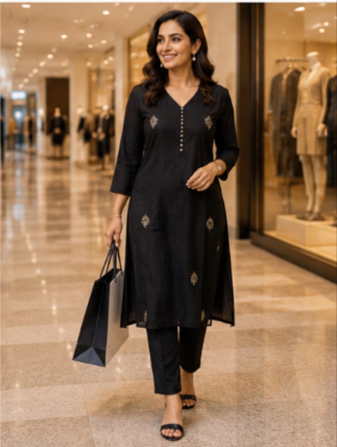 Black Embroidered Side-Cut Kurti