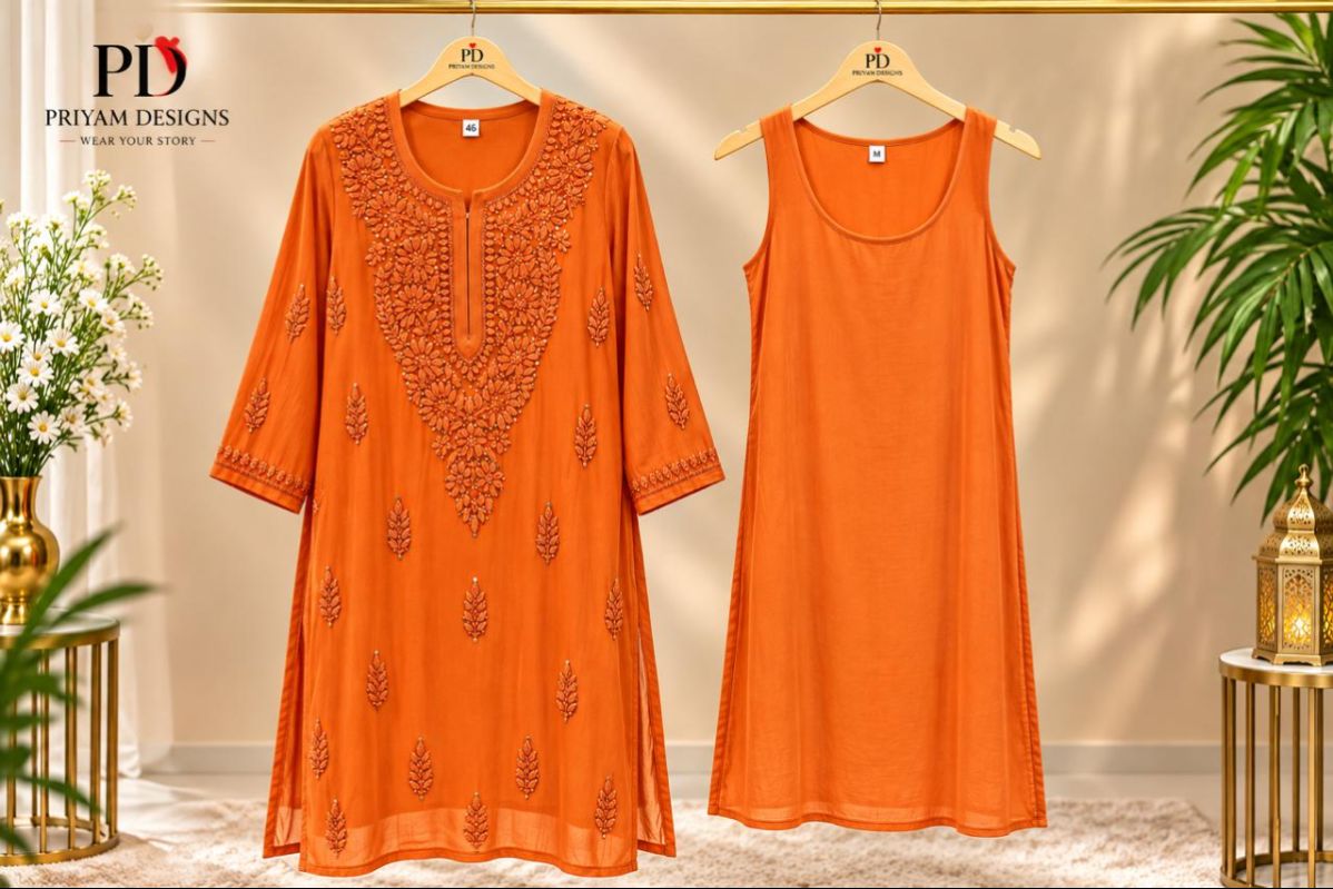 ORANGE COLORED VISCOSE CHIKANKARI